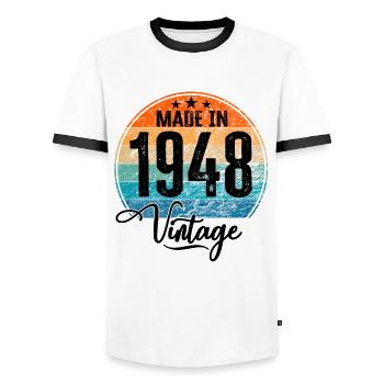 Millésime fabriqué en 1948 Année de naissance 1948 Anniversaire - T-shirt contrasté Homme - blanc/noir - Devant - AI Model Female 172 light (172cm) & AI Model Male 178 dark (178cm)
