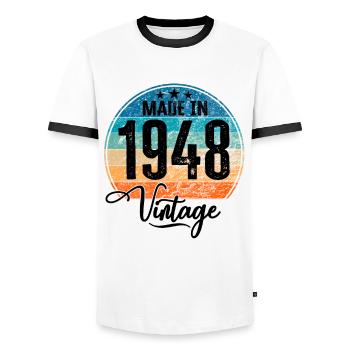 Millésime fabriqué en 1948 Année de naissance 1948 Anniversaire - T-shirt contrasté Homme - blanc/noir - Devant - AI Model Female 172 light (172cm) & AI Model Male 178 dark (178cm)