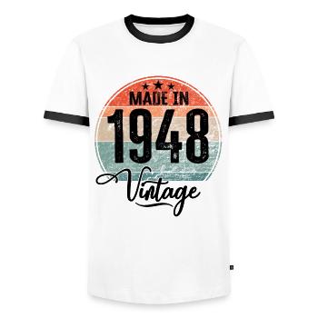 Millésime fabriqué en 1948 Année de naissance 1948 Anniversaire - T-shirt contrasté Homme - blanc/noir - Devant - AI Model Female 172 light (172cm) & AI Model Male 178 dark (178cm)