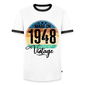Millésime fabriqué en 1948 Année de naissance 1948 Anniversaire - T-shirt contrasté Homme - blanc/noir - Devant - AI Model Female 172 light (172cm) & AI Model Male 178 dark (178cm)