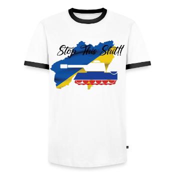 Stop the war! - Men's Ringer Shirt - white/black - Front - AI Model Female 172 light (172cm) & AI Model Male 178 dark (178cm)