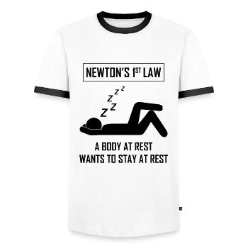 Science Humour Drôle Dire la 1ère Loi de Newton - T-shirt contrasté Homme - blanc/noir - Devant - AI Model Female 172 light (172cm) & AI Model Male 178 dark (178cm)