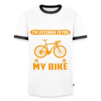 Ich fahre mit dem Fahrrad - Männer Kontrast-T-Shirt - Weiß/Schwarz - Vorne - AI Model Female 172 light (172cm) & AI Model Male 178 dark (178cm)