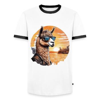 Coucher de Soleil Alpaga Rétro Aquarelle Lama - T-shirt contrasté Homme - blanc/noir - Devant - AI Model Female 172 light (172cm) & AI Model Male 178 dark (178cm)