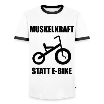 Dreirad "Muskelkraft statt E-Bike" - Männer Kontrast-T-Shirt - Weiß/Schwarz - Vorne - AI Model Female 172 light (172cm) & AI Model Male 178 dark (178cm)