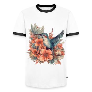 Colibri aux fleurs tropicales - T-shirt contrasté Homme - blanc/noir - Devant - AI Model Female 172 light (172cm) & AI Model Male 178 dark (178cm)