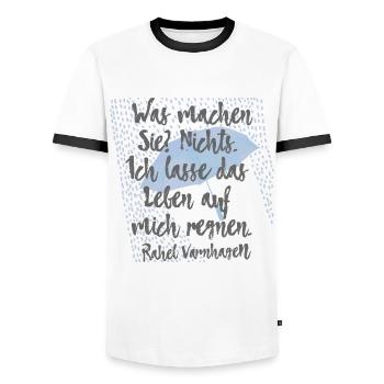 Ich lasse das Leben auf mich regnen – Varnhagen 2 - Männer Kontrast-T-Shirt - Weiß/Schwarz - Vorne - AI Model Female 172 light (172cm) & AI Model Male 178 dark (178cm)