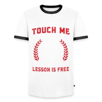 Touch me and your first Judo lesson is free - Men's Ringer Shirt - white/black - Front - AI Model Female 172 light (172cm) & AI Model Male 178 dark (178cm)