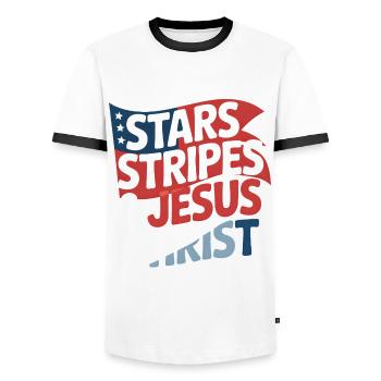 Amerikanischer Gläubiger Christ July 4th Jesus - Männer Kontrast-T-Shirt - Weiß/Schwarz - Vorne - AI Model Female 172 light (172cm) & AI Model Male 178 dark (178cm)
