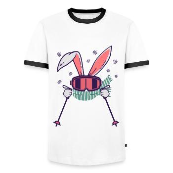 Skiing Rabbit with ski poles ski goggles scarf - Men's Ringer Shirt - white/black - Front - AI Model Female 172 light (172cm) & AI Model Male 178 dark (178cm)