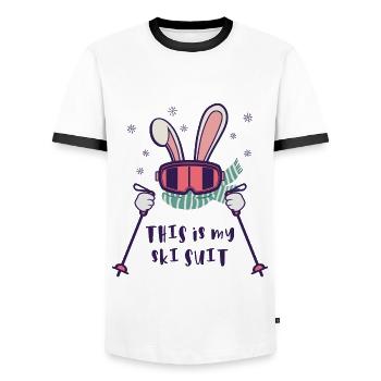 This is my Ski Suit Skiing Rabbit with ski poles - Men's Ringer Shirt - white/black - Front - AI Model Female 172 light (172cm) & AI Model Male 178 dark (178cm)