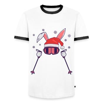Skiing Santa Rabbit with Santa Hat and ski poles - Men's Ringer Shirt - white/black - Front - AI Model Female 172 light (172cm) & AI Model Male 178 dark (178cm)
