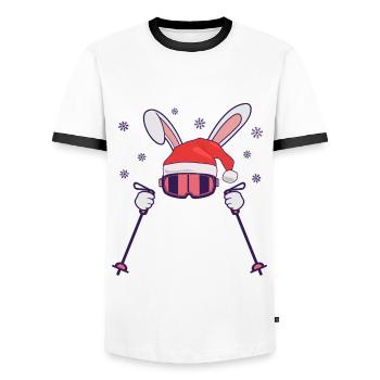 Skiing Santa Rabbit with Santa Hat and ski poles - Men's Ringer Shirt - white/black - Front - AI Model Female 172 light (172cm) & AI Model Male 178 dark (178cm)