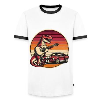 Retro TRex Gitarrist mit Sportwagen - Männer Kontrast-T-Shirt - Weiß/Schwarz - Vorne - AI Model Female 172 light (172cm) & AI Model Male 178 dark (178cm)