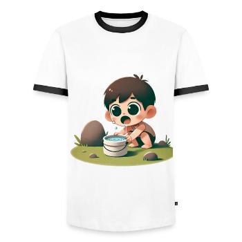 Verspieltes Kind, das an der Schüssel trinkt - Männer Kontrast-T-Shirt - Weiß/Schwarz - Vorne - AI Model Female 172 light (172cm) & AI Model Male 178 dark (178cm)