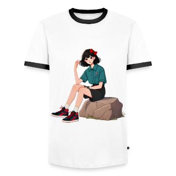 Retro Girl with Red Bow Illustration - Men's Ringer Shirt - white/black - Front - AI Model Female 172 light (172cm) & AI Model Male 178 dark (178cm)