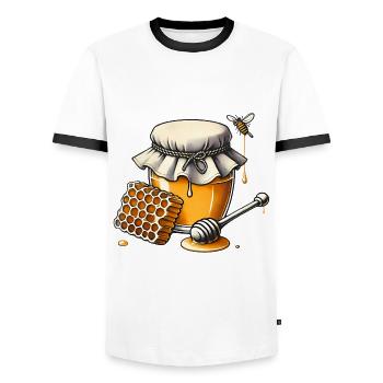 Pot de miel rustique Dégoulinant de nid d’abeille - T-shirt contrasté Homme - blanc/noir - Devant - AI Model Female 172 light (172cm) & AI Model Male 178 dark (178cm)