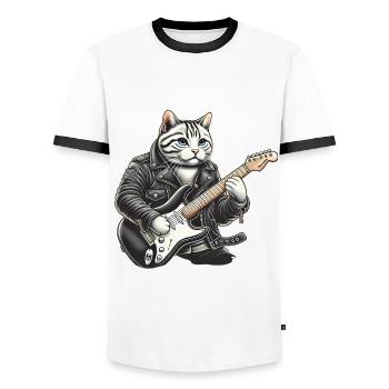 Chat jouant de la guitare - T-shirt contrasté Homme - blanc/noir - Devant - AI Model Female 172 light (172cm) & AI Model Male 178 dark (178cm)