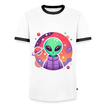 Alien Traveler Kosmische Kunst - Männer Kontrast-T-Shirt - Weiß/Schwarz - Vorne - AI Model Female 172 light (172cm) & AI Model Male 178 dark (178cm)