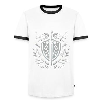 Shield and Swords Crest Design - Men's Ringer Shirt - white/black - Front - AI Model Female 172 light (172cm) & AI Model Male 178 dark (178cm)