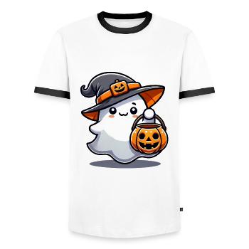 Cute Ghost with Witch Hat Pumpkin - Men's Ringer Shirt - white/black - Front - AI Model Female 172 light (172cm) & AI Model Male 178 dark (178cm)