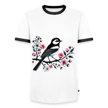 Chicadée sur le dessin d’une branche fleurie - T-shirt contrasté Homme - blanc/noir - Devant - AI Model Female 172 light (172cm) & AI Model Male 178 dark (178cm)
