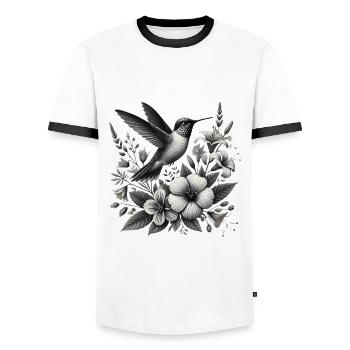 Hummingbird with Elegant Florals - Men's Ringer Shirt - white/black - Front - AI Model Female 172 light (172cm) & AI Model Male 178 dark (178cm)