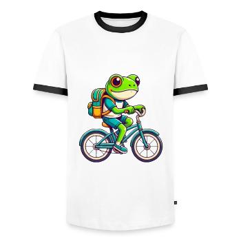 Frog on Bicycle Adventure Design - Men's Ringer Shirt - white/black - Front - AI Model Female 172 light (172cm) & AI Model Male 178 dark (178cm)