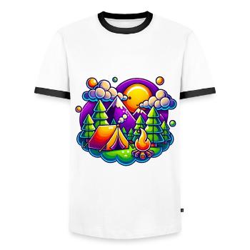 Funny Camping Mountains Tent Scene - Men's Ringer Shirt - white/black - Front - AI Model Female 172 light (172cm) & AI Model Male 178 dark (178cm)