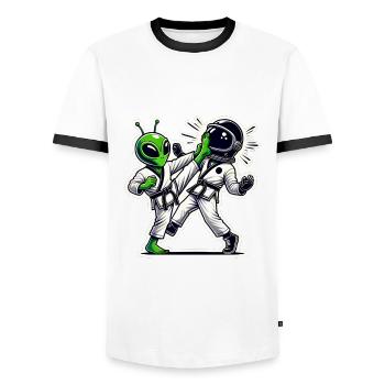 Alien vs Astronaut Karate Battle - Men's Ringer Shirt - white/black - Front - AI Model Female 172 light (172cm) & AI Model Male 178 dark (178cm)