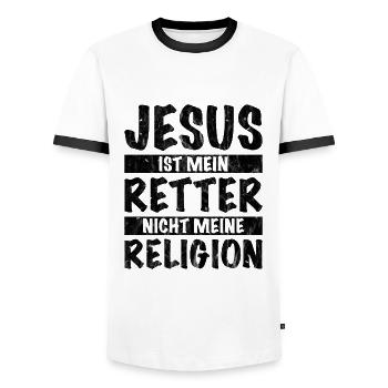 Jesus ist mein Retter nicht meine Religion - Männer Kontrast-T-Shirt - Weiß/Schwarz - Vorne - AI Model Female 172 light (172cm) & AI Model Male 178 dark (178cm)