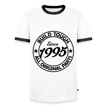 Fabriqué en 1995 - T-shirt contrasté Homme - blanc/noir - Devant - AI Model Female 172 light (172cm) & AI Model Male 178 dark (178cm)
