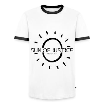 Sun of justice - Mal/4:2 - Men's Ringer Shirt - white/black - Front - AI Model Female 172 light (172cm) & AI Model Male 178 dark (178cm)