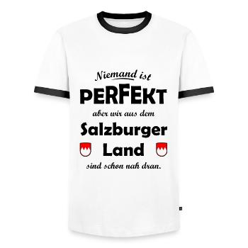 Das Salzburger Land - Männer Kontrast-T-Shirt - Weiß/Schwarz - Vorne - AI Model Female 172 light (172cm) & AI Model Male 178 dark (178cm)