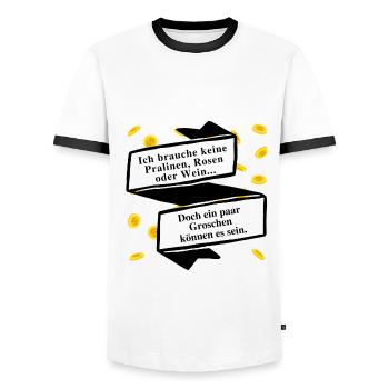 Ich brauche keine Pralinen, Rosen oder Wein ... - Männer Kontrast-T-Shirt - Weiß/Schwarz - Vorne - AI Model Female 172 light (172cm) & AI Model Male 178 dark (178cm)