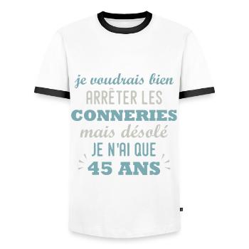 anniversaire 45 ans cadeau humour 45 ans homme - T-shirt contrasté Homme - blanc/noir - Devant - AI Model Female 172 light (172cm) & AI Model Male 178 dark (178cm)