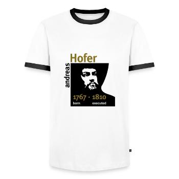 Andreas Hofer · Born/Executed - Männer Kontrast-T-Shirt - Weiß/Schwarz - Vorne - AI Model Female 172 light (172cm) & AI Model Male 178 dark (178cm)