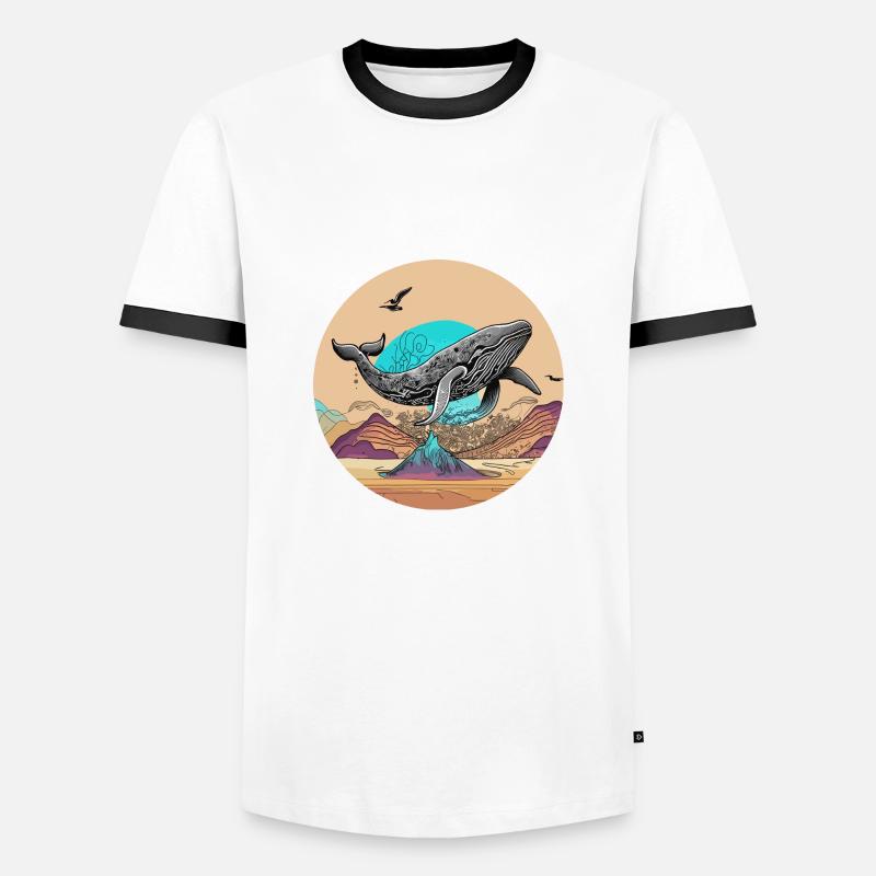 Psychedelische Wüste mit fliegendem Wal - Männer Kontrast-T-Shirt - Weiß/Schwarz