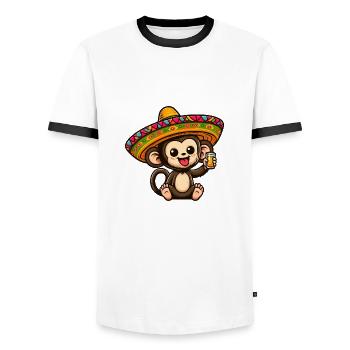 Cinco de Mayo Dessin animé de singe mignon aux yeux verts - T-shirt contrasté Homme - blanc/noir - Devant - AI Model Female 172 light (172cm) & AI Model Male 178 dark (178cm)