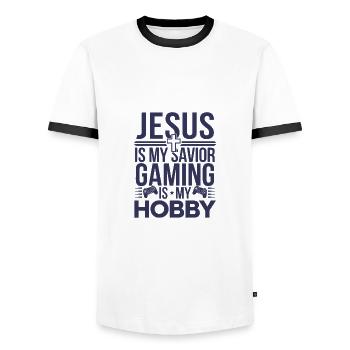 Jesus Ist Mein Retter Gaming Ist Mein Hobby - Männer Kontrast-T-Shirt - Weiß/Schwarz - Vorne - AI Model Female 172 light (172cm) & AI Model Male 178 dark (178cm)