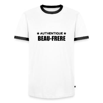 Beau Frère / Frere / Beau-Frère / Mariage / Marié - T-shirt contrasté Homme - blanc/noir - Devant - AI Model Female 172 light (172cm) & AI Model Male 178 dark (178cm)