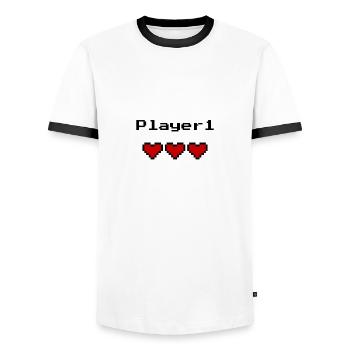 Partnerlook Gamer Father Son Dad Player 1 Player 2 - Men's Ringer Shirt - white/black - Front - AI Model Female 172 light (172cm) & AI Model Male 178 dark (178cm)