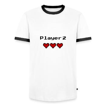 Partnerlook Gamer Father Son Dad Player 1 Player 2 - Men's Ringer Shirt - white/black - Front - AI Model Female 172 light (172cm) & AI Model Male 178 dark (178cm)