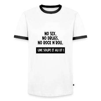 no sex no drugs no rock n'roll - T-shirt contrasté Homme - blanc/noir - Devant - AI Model Female 172 light (172cm) & AI Model Male 178 dark (178cm)