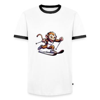 Monkey Chimpanzee Skier Winter Vacation Design - Men's Ringer Shirt - white/black - Front - AI Model Female 172 light (172cm) & AI Model Male 178 dark (178cm)