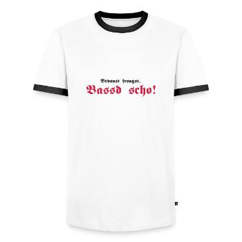 Bevoast froagst, Bassd scho!, 2fb - Männer Kontrast-T-Shirt - Weiß/Schwarz - Vorne - AI Model Female 172 light (172cm) & AI Model Male 178 dark (178cm)