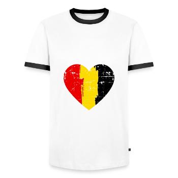 Belgien Herz Flagge - Männer Kontrast-T-Shirt - Weiß/Schwarz - Vorne - AI Model Female 172 light (172cm) & AI Model Male 178 dark (178cm)
