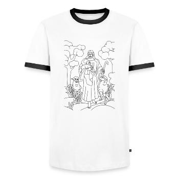Christianity Collection - Men's Ringer Shirt - white/black - Front - AI Model Female 172 light (172cm) & AI Model Male 178 dark (178cm)