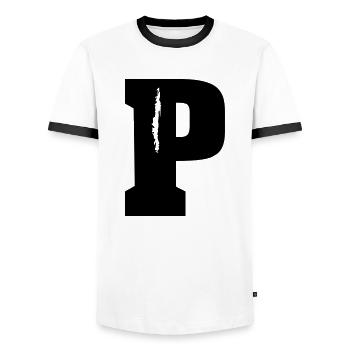 P - Buchstabe - Männer Kontrast-T-Shirt - Weiß/Schwarz - Vorne - AI Model Female 172 light (172cm) & AI Model Male 178 dark (178cm)