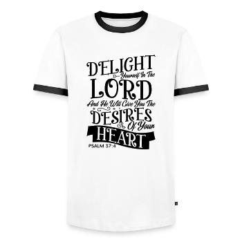 delight lord yourself - Männer Kontrast-T-Shirt - Weiß/Schwarz - Vorne - AI Model Female 172 light (172cm) & AI Model Male 178 dark (178cm)